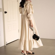 오키 여성 더블 프릴 소매 브이넥 롱원피스