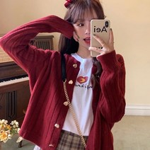 UM 여성용 캐주얼 금장 하트 버튼 세로 골지 가디건