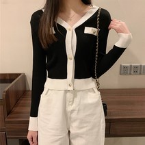 유니제이 여성용 하이푼 브이넥 배색 골지 니트 가디건