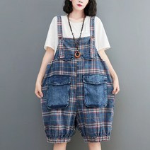여자여름 빈티지 프린트 패치 데님 패션 캐주얼 7부 멜빵바지 -A13