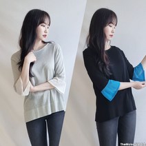 여성 플레어 슬리브 배색 7부 반팔 니트 티셔츠 3컬러