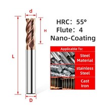 HRC55 4 플루트 합금 텅스텐 스틸 밀링 카바이드 엔드 밀 커터 커팅 도구 CNC 기계 코팅 플랫, d11xD12x75L, HRC55 4F