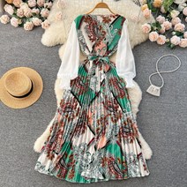 봄 가을 화려한 꽃무늬 긴팔 롱원피스 플리츠 주름 리본밸트