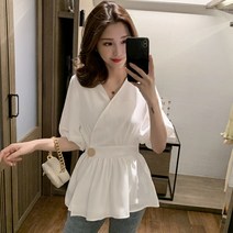 [해외] 인기신상 여성 여름 V넥 A라인 5부소매 블라우스~4XL