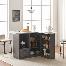 나무뜰 올리브 확장형 오픈 수납장 홈바 아일랜드 식탁 MWF141C, 본체:그레이 우측형+상판:화이트대리석