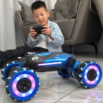4WD RC 카 2.4G 무선 리모콘 카 1:24 더블 사이드 RC 스턴트 카 360도 반전 차량 모델 장난감, 푸른색(이중 전기 버전)