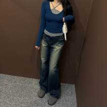 드리뮤즈 국내제작 여성 사계절용 캐주얼 꾸안꾸 데일리 유니크 물빠짐 레트로 포인트템 심플 빈티지 워싱 데님 롱 포켓 원버튼 와이드팬츠