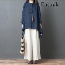 Entirala 여름 여성 면 마 세트 빅 사이즈 셔츠 캐주얼 세트 미디 셔츠 와이드 팬츠 2종세트 루즈핏 리넨 세트 레져 슈트