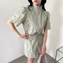 그린섬 ﻿﻿하이넥 아노락 퍼프 크롭 반팔 반바지 세트 지퍼 트레이닝 여성