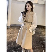 2020년 이른 가을 프리미엄 코트 느낌 시폰 패치 긴팔 하프 트렌치 코트 여 바바리코트