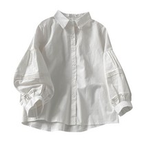 POMTOR여성 소매 벌룬 7부 데일리 셔츠 어깨 퍼프 블라우스