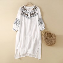에스닉자수원피스 빅사이즈 여성의류 여름 타입 클래식 무드 와이드 루즈핏 캐쥬얼 트임 브이넥 경량 린넨 4946657207