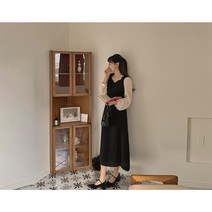 리브린 하트넥 퍼프 리본 롱 원피스