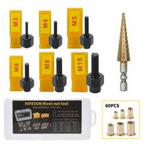 HIFESON 리벳 너트 공구 핸드 터 스텝 드릴 액세서리가있는 M3 M4 M5 M6 M8 M10 용, 68PCS Steel, CHINA