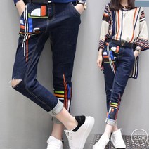 도오빠 여성 프린팅 청바지 여자청바지 데님팬츠 슬림핏 일자핏 데일리 빅사이즈 6XL까지