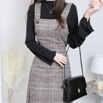 버튼 스퀘어넥 모직 체크 뷔스티에 롱 원피스