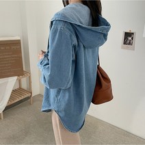 780 후드 데님셔츠/ 루즈핏 포켓 청 롱남방/ 레이어드 자켓