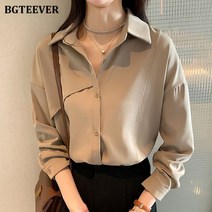 BGTEEVER 우아한 거꾸로 칼라 여성 셔츠 탑스 긴 소매 싱글 브레스트 블라우스 봄