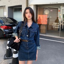 데님 청 원피스 치마 넥 데님 셔츠 원피스 여성 봄 레트로 홍콩 풍미 허리 길이 A 라인 가방 힙 스커트
