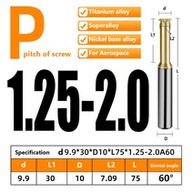1pcs CNC HRC 60 도 카바이드 단일 치아 스레드 밀링 M1 M1.2 M1.4 M1.6 M2 M2.5 M3-M24 솔리드 커터, 1.25-2.0-d9.9