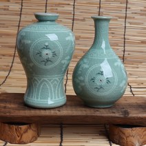 청자 국화운학 매주병세트 미니 도자기