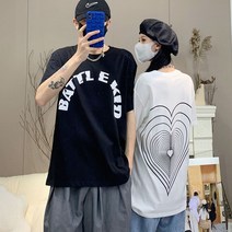 커플룩 순면 아메리칸 빅 하트 등판 프린트 라운드 티셔츠 ins 커플 반팔 러쉬