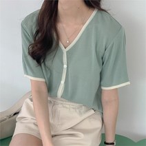 [겟잇미] 누유타 라운드 여름 배색 반팔 가디건 (8687818)