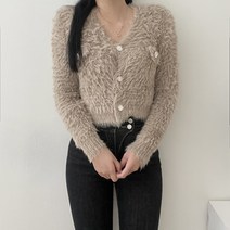 VANANA2 여성 골드 버튼 포인트 부들부들 퍼 크롭 브이 가디건