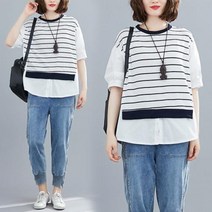 베리위시 레워드 스트라이프 블라우스 티셔츠 반팔티 여성 레이어드 반팔티셔츠