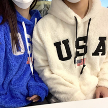 제니블 남녀공용 USA 보아 양털 플리스 커플룩 겨울 데일리 오버핏 후디 후드티