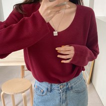 아모르데이 여성용 롬스브이니트 베이직 브이넥 루즈핏 긴팔 니트