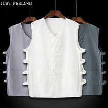 JUST FEEL!NG 여름 남성 면마 민소매 조끼 고풍 매듭 단추 쿨링 통기성 좋은 나시티 오버핏 빅사이즈
