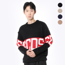 댄디무드 로고 자수 배색 라운드 니트