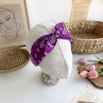 퍼플 언발 리본 페이즐리 반다나 꼬임 헤어밴드 머리띠