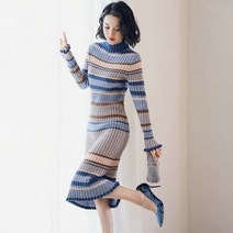 빈티지 스트라이프 중간 길이 슬림 니트 드레스 여성용 한국 하프 터틀넥 바디콘 스웨터 드레스 우아한 스타일