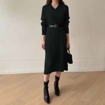 어라운드24 여성 니트 브이넥 골지 꽈배기 일자 박시 롱 원피스