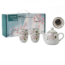 매화 4인 다기 세트 차다기 꽃잔 다도 세트 예쁜 찻잔 셋트 보이차 녹차 도자기