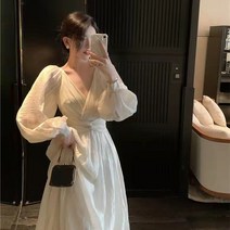 Dzong 여성 봄 긴팔 숴폰 흰색 롱 원피스