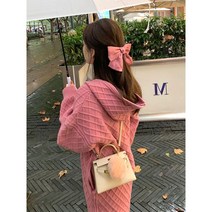 핑크 와플 나른 원피스 라지 여성 봄가을 니트 롱스커트 후드 긴팔 스웨터 스커트 겨울
