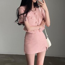 트위드 머메이드 투피스 세트 어 핑크 소녀 로맨틱 데이트 숏 탑 힙 스커트 슈트