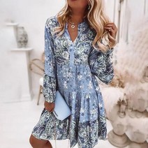 휴양지 여름 비치 원피스 휴양지룩 리조트 바캉스 해외여행룩 로맨틱 드레스 boho 꽃 프린트 캐주얼 v 넥 느슨한 여름 우아한 플레어 소매 프릴 비치 풀오버 vestidos