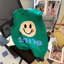 레터링 스마일 니트 조끼 여 루즈핏 나른함에 도톰 민소매 레이어드 스웨터 나시