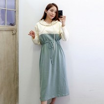 이힝 투톤 배색 스트링 후드 롱 원피스