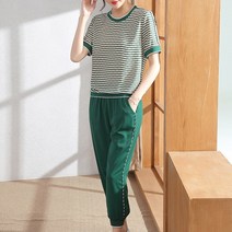 Makone여성용 여름 세트엄마 여름 반팔 스트라이프 트레이닝 티셔츠 미디엄 올드 여성 캐주얼 세트 40-50대 여성 피트니스복