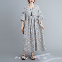 신이SH 더블샵 큰언니 빅사이즈 레트로 프린팅 브이넥 고무줄허리셔링 밸소매 롱원피스