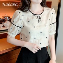 나바바 NB1298 여성 상큼 자수 포인트 리본 퍼프 반팔 블라우스