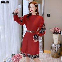 DFMEI 가을 니트 플라워 원피스 유행 추동 코디 코트 허리 조임 기모 원피스 연령 감소