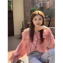 오프숄더 수술 러플 프릴 보세 크롭 숏 블라우스 긴팔 봄 루즈핏 베이지 핑크 SY