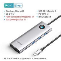 도킹 스테이션 c형 허브 4K60Hz HDMI 호환 USB 3.0 어댑터 RJ45 PD100W 맥북 프로 노트북 액세서리 충전, 11 Silver 9in1 30Hz VGA