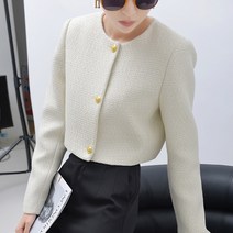 ANYOU 여성용 노카라 크롭 싱글 숏 긴팔 트위드 자켓 아이보리